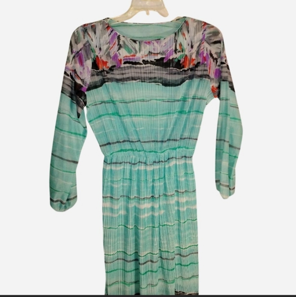 Vtg Malouf of Dallas Abstract Watercolor Plissé Midi Dress Women's Medium